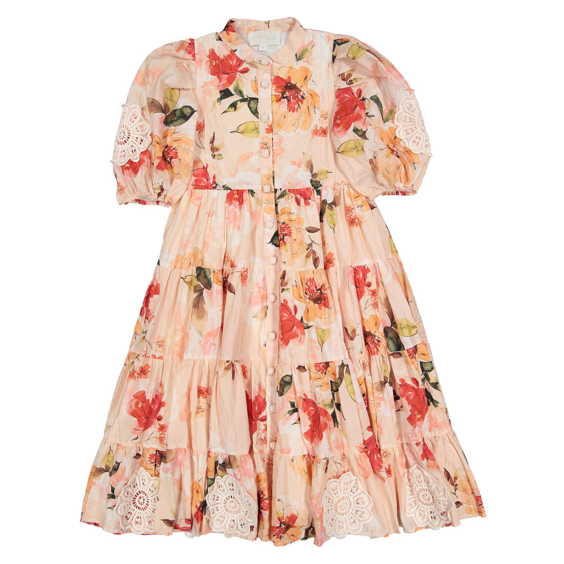 amalie midi dress Petite Amalie Peach Peony Print Doily Applique Voile Midi Dress – Ladida