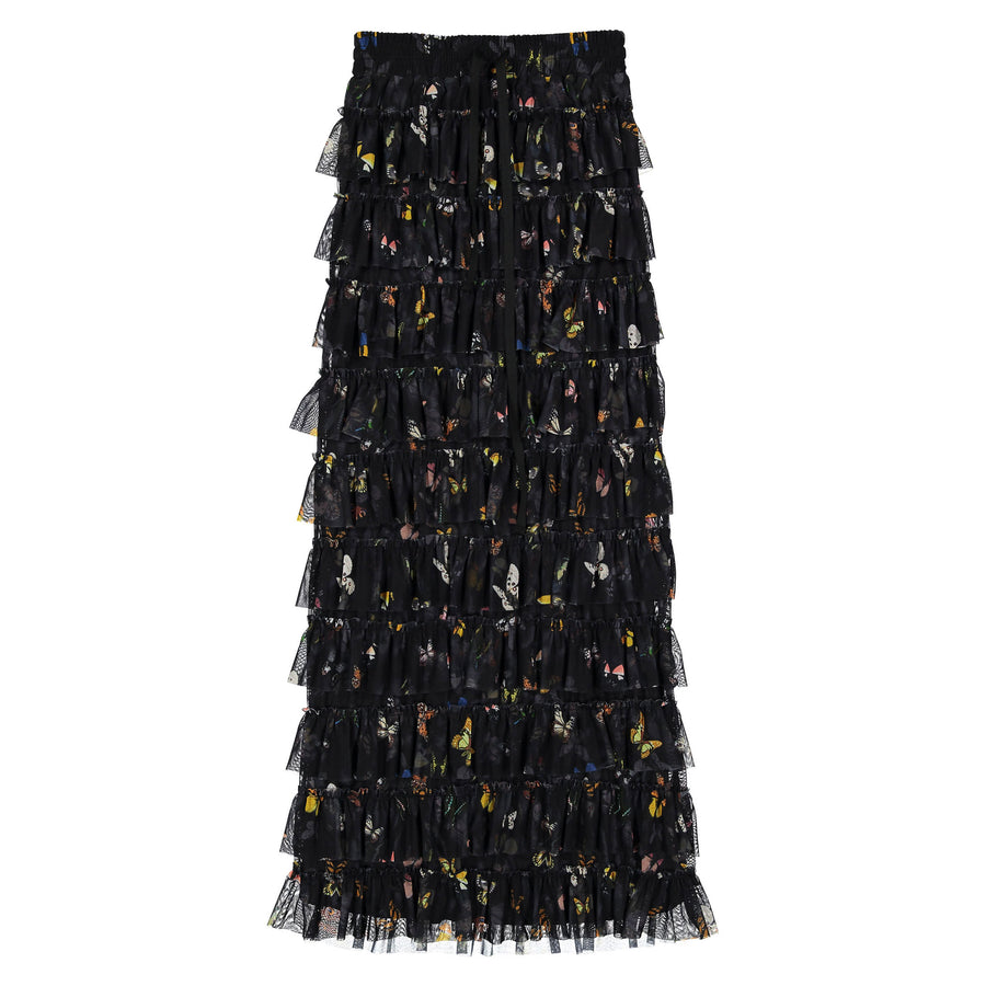 ROWE Black Butterfly Mesh Ruffles Skirt
