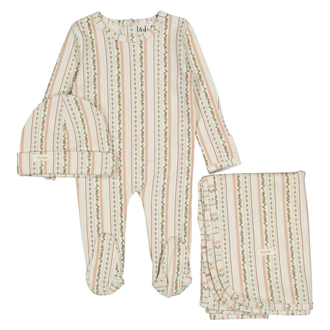 Ladida Layette Blush Blooming Stripe Footie+ Hat+ Blanket