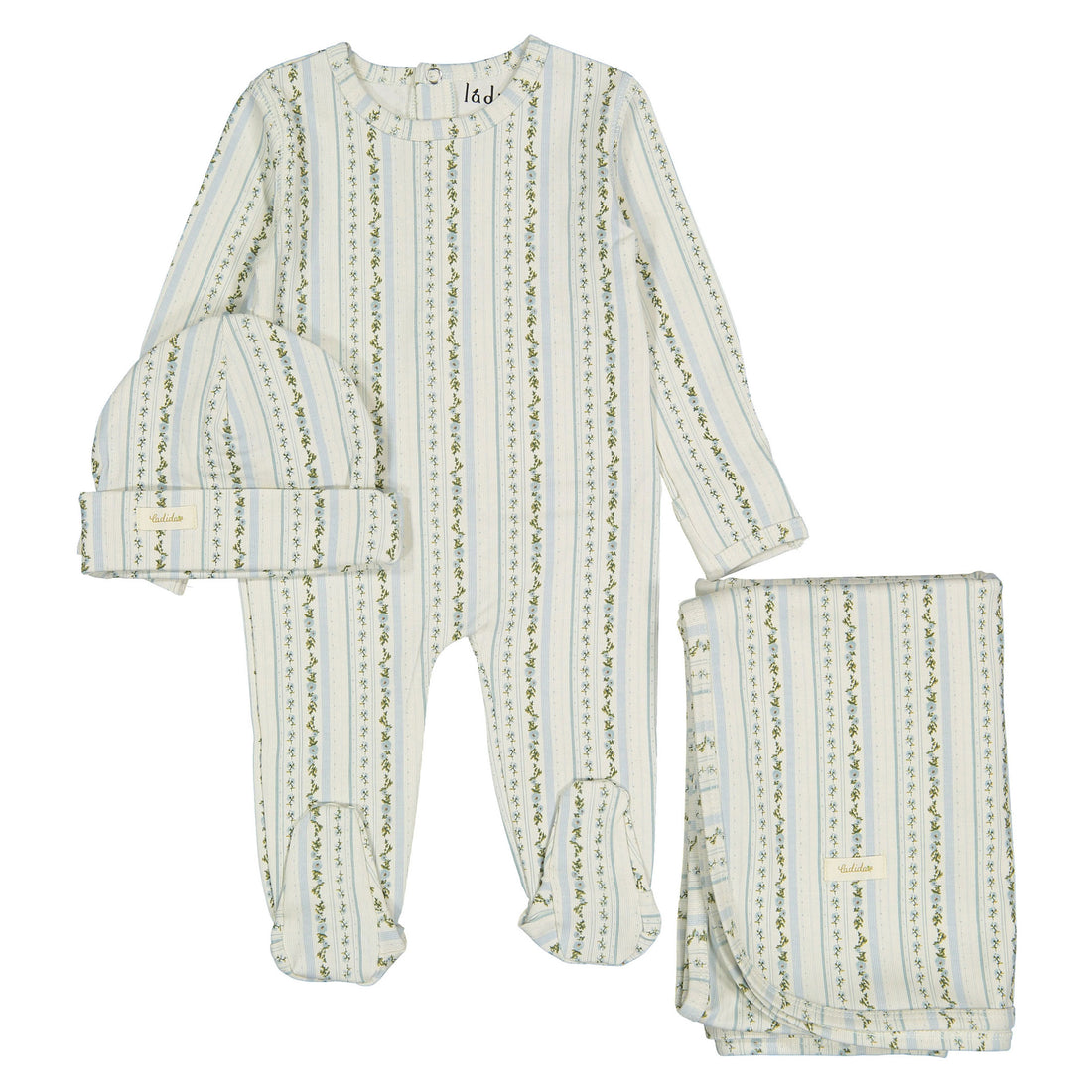 Ladida Layette Slate Blooming Stripe Footie+ Hat+ Blanket