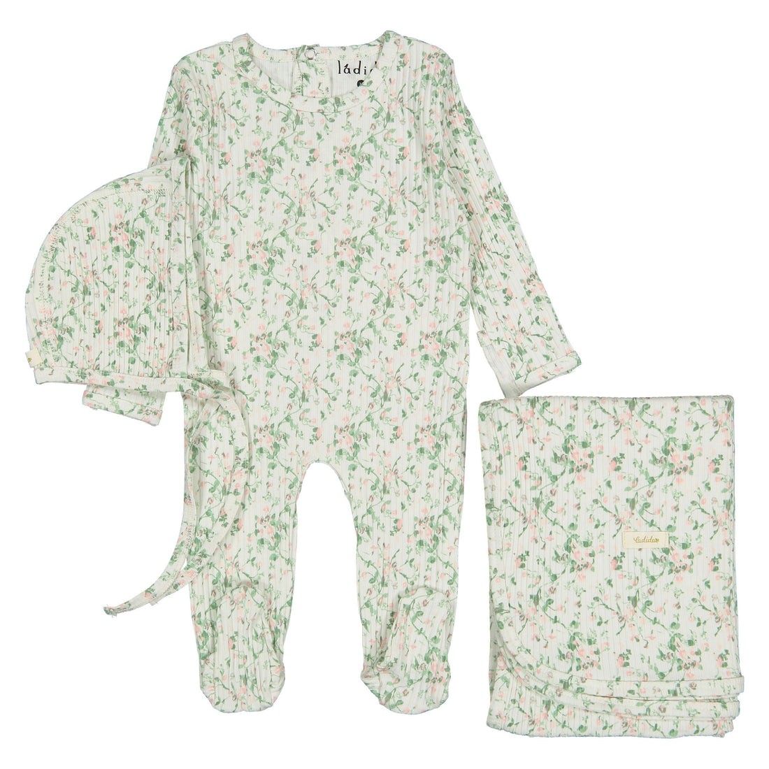 Ladida Layette Blush Bellflower Footie+ Bonnet+ Blanket