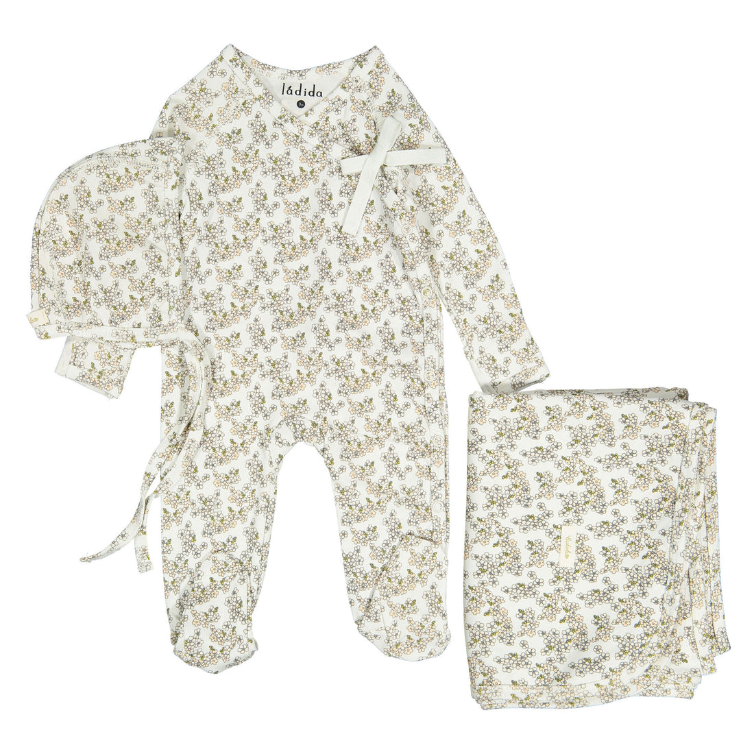 Ladida Layette Peach Cherry Blossom Footie+ Bonnet+ Blanket