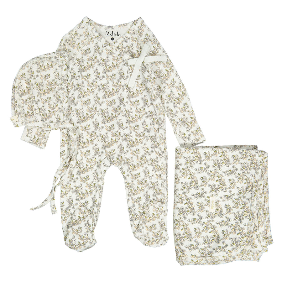 Ladida Layette Peach Cherry Blossom Footie+ Bonnet+ Blanket