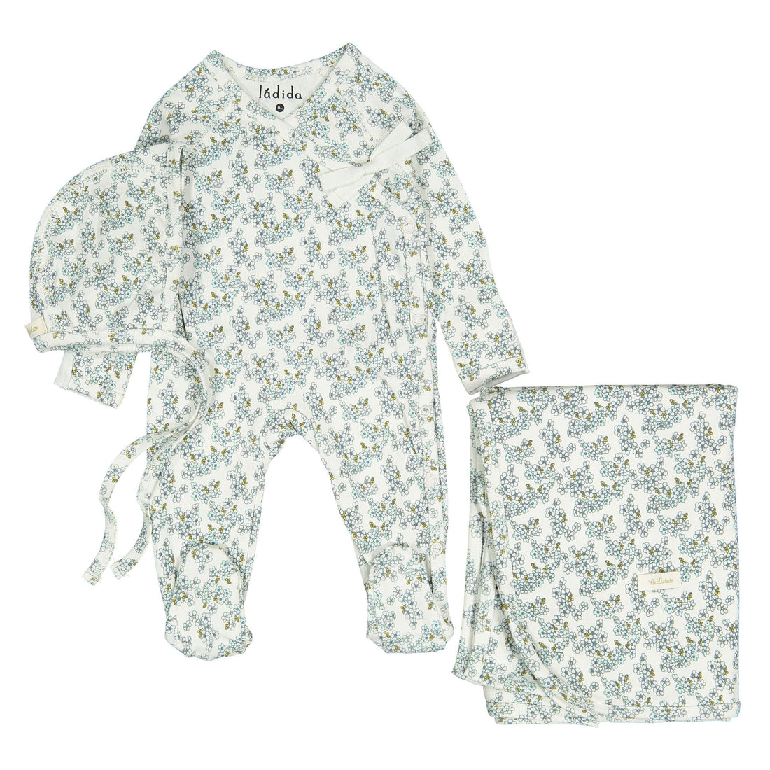 Ladida Layette Slate Cherry Blossom Footie+ Bonnet+ Blanket
