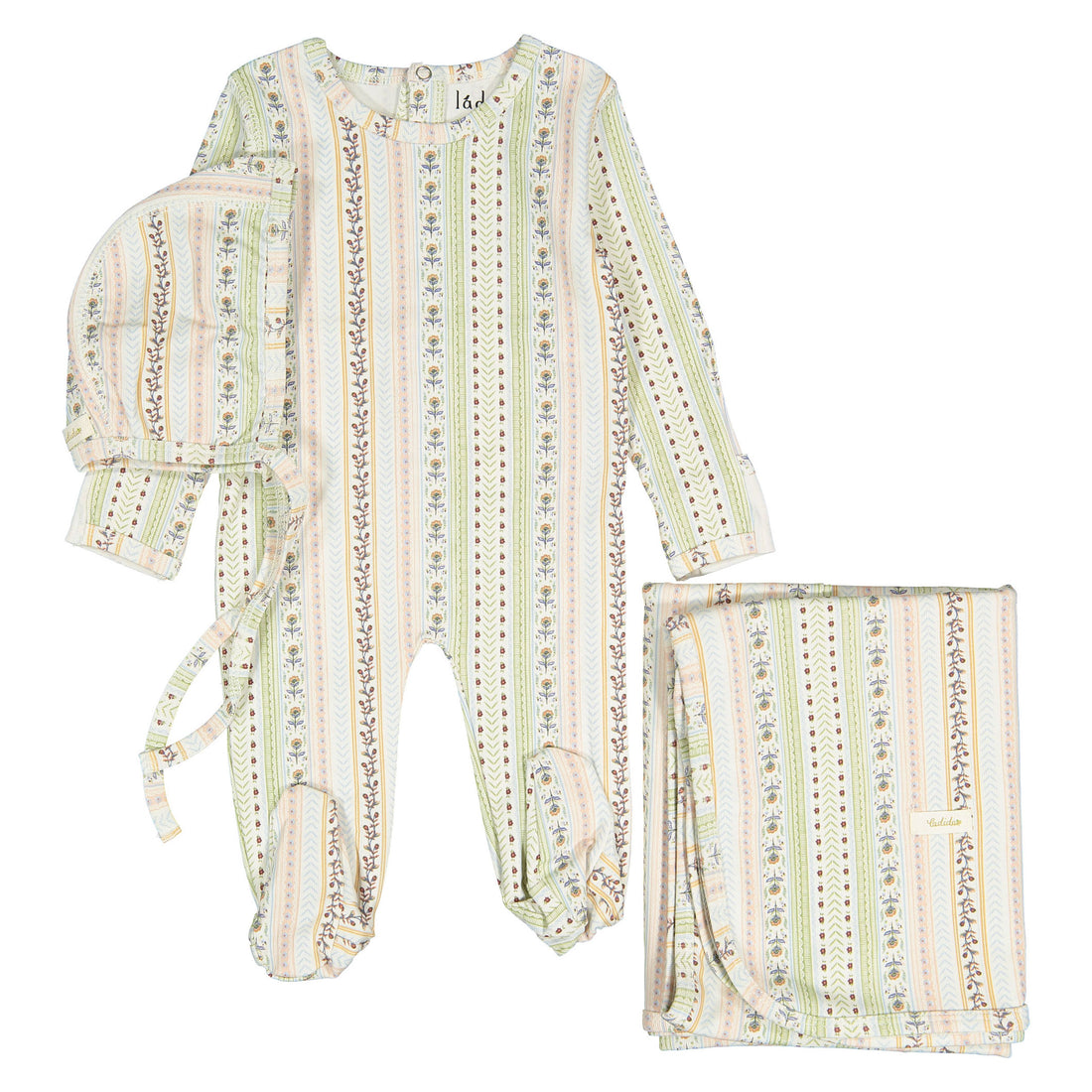 Ladida Layette Demask Stripe Footie+ Bonnet+ Blanket