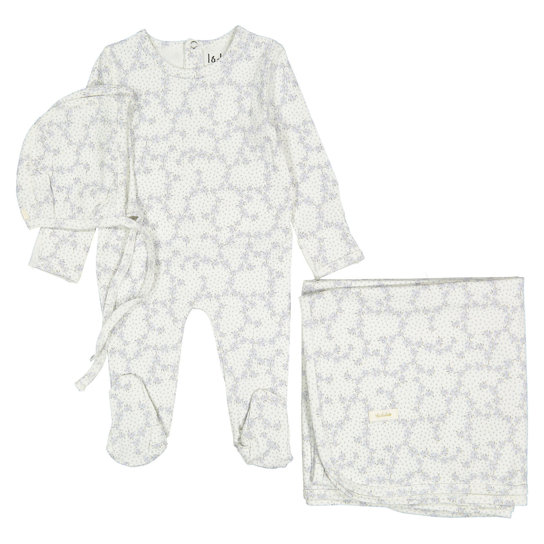 Ladida Layette Blue Vintage Vine Footie+ Bonnet+ Blanket