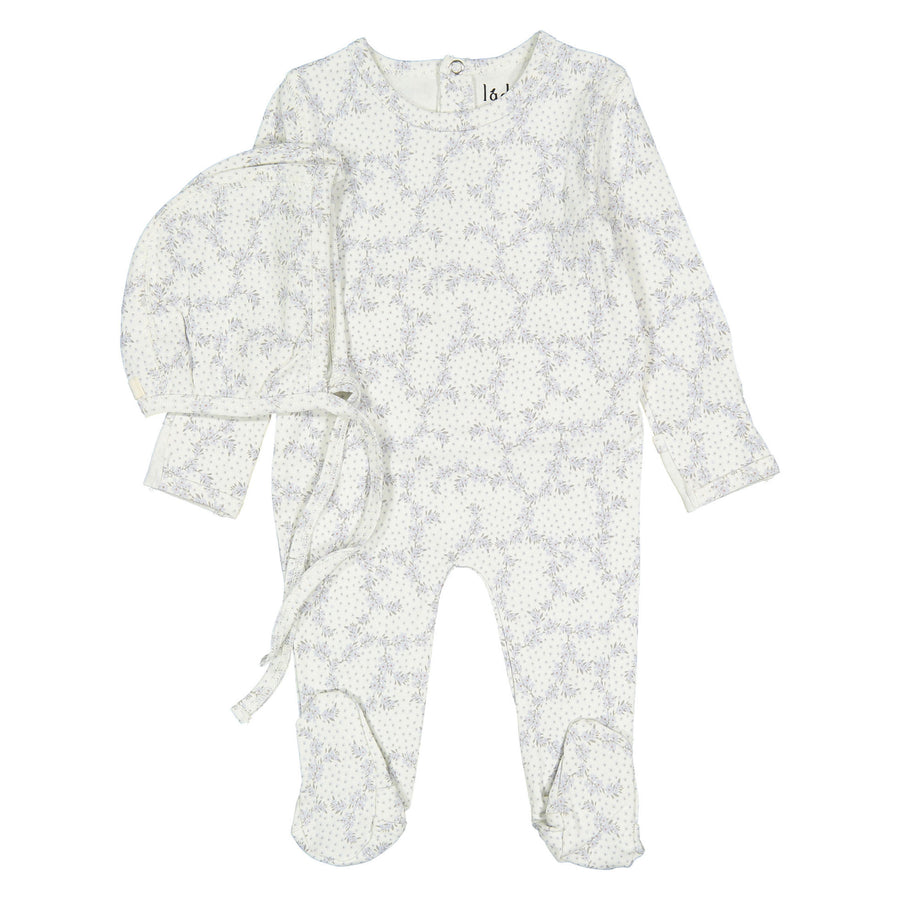 Ladida Layette Blue Vintage Vine Footie+ Bonnet
