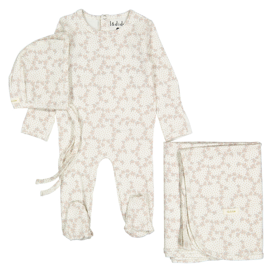 Ladida Layette Pink Vintage Vine Footie+ Bonnet+ Blanket