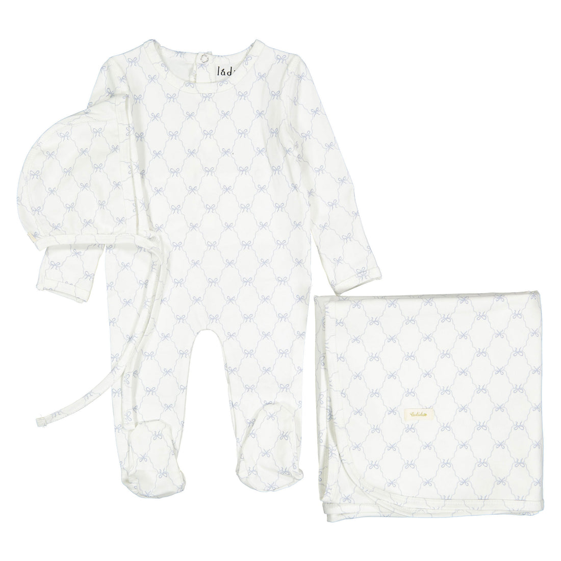 Ladida Layette Blue Bow Footie+ Bonnet+ Blanket