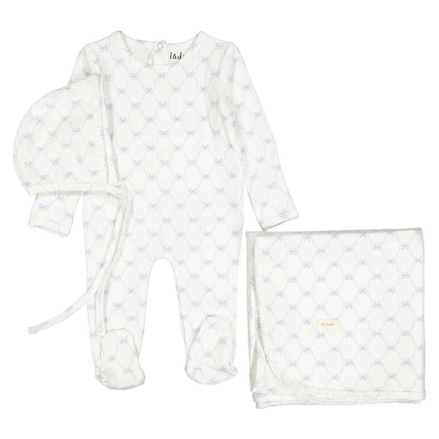 Ladida Layette Blue Bow Footie+ Bonnet+ Blanket