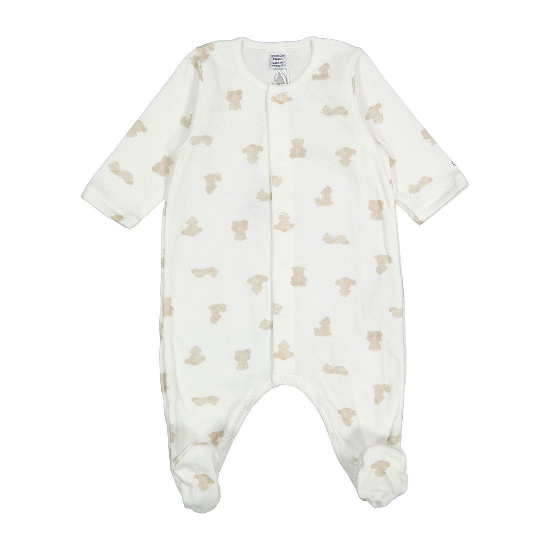 Petit Bateau White/Beige Front Snap Teddy Print Footie