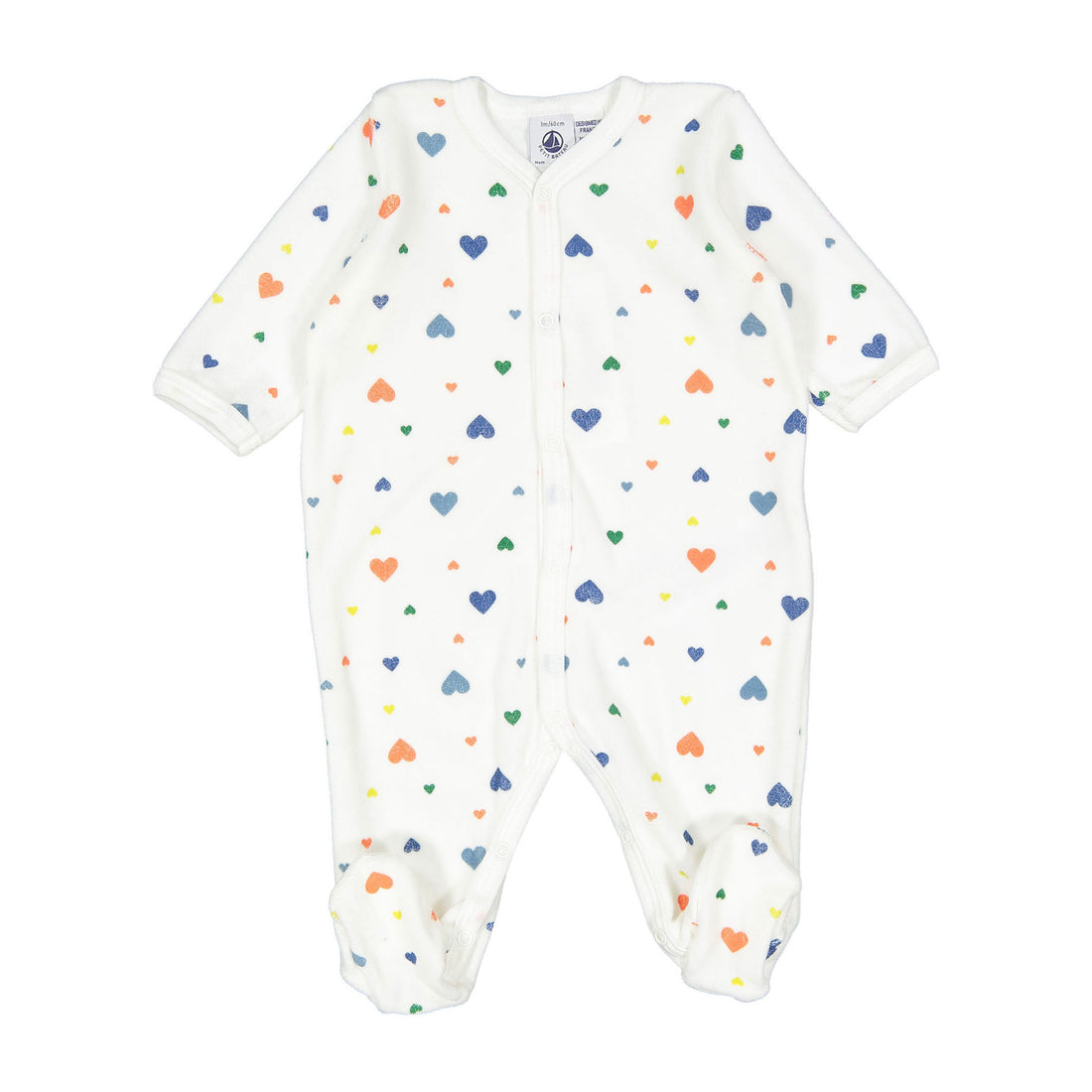Petit Bateau White Multi Hearts Velour Front Snap Footie