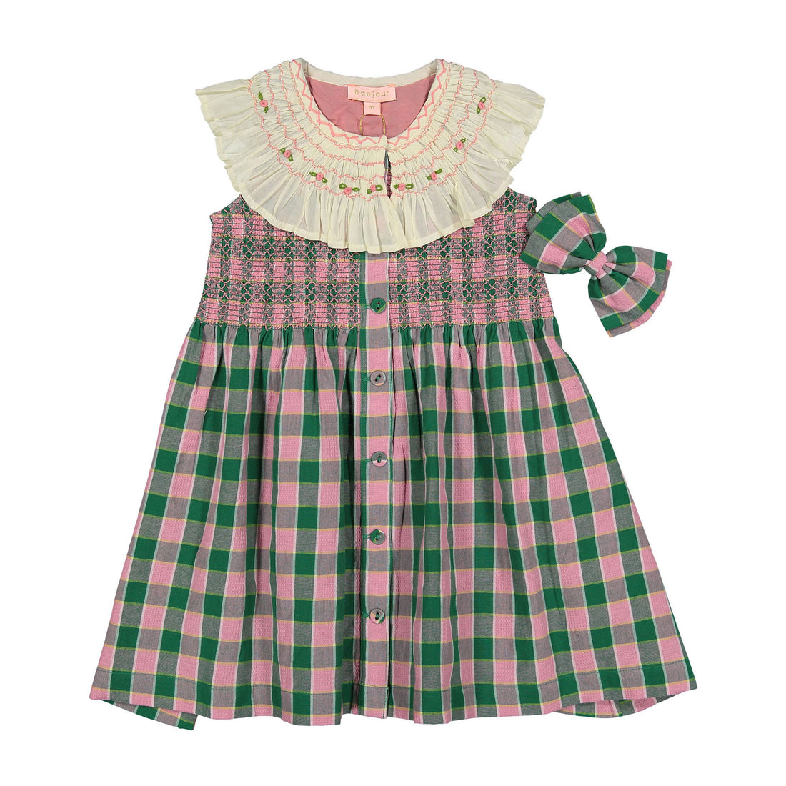 Bonjour Pink Green Honeycomb Check Ibiza Top + Hair Clip