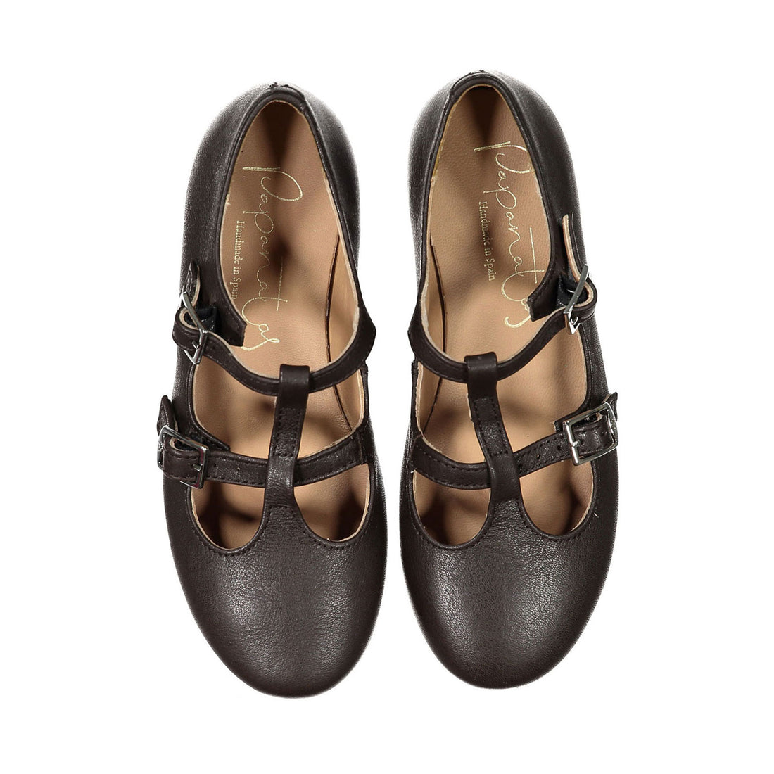 Papanatas Brown Leather Double T-Strap Flats