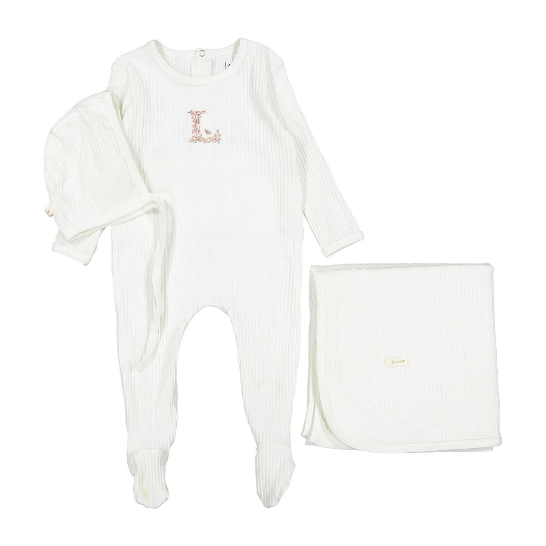 Ladida Layette Ivory/ Pink L Ribbed Romper + Bonnet + Blanket