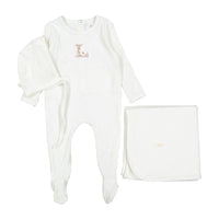 Ladida Layette Ivory/ Pink L Ribbed Romper + Bonnet + Blanket