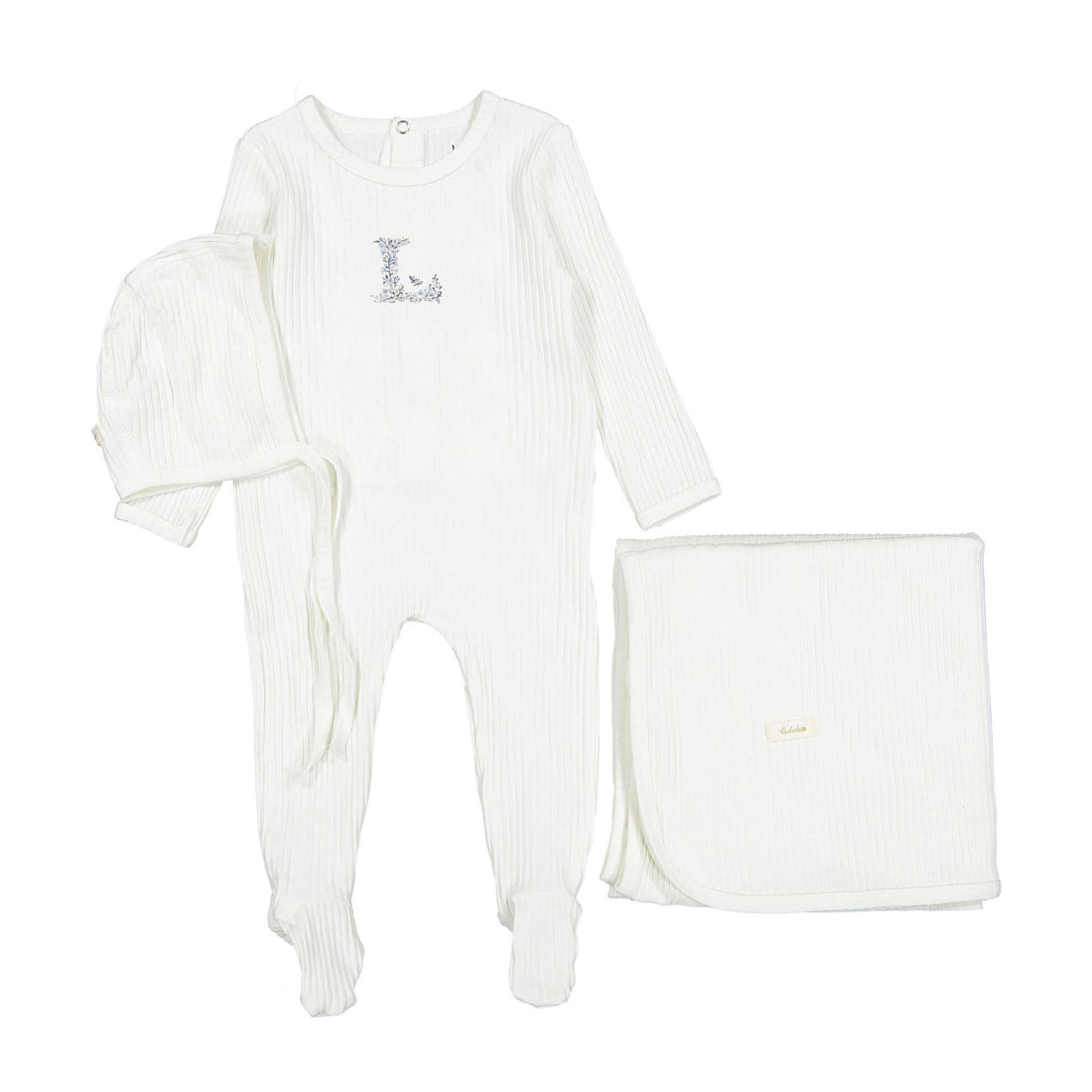 Ladida Layette Ivory/ Blue L Ribbed Romper + Bonnet + Blanket