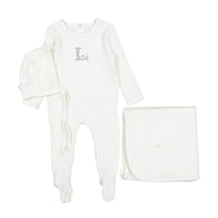 Ladida Layette Ivory/ Blue L Ribbed Romper + Bonnet + Blanket