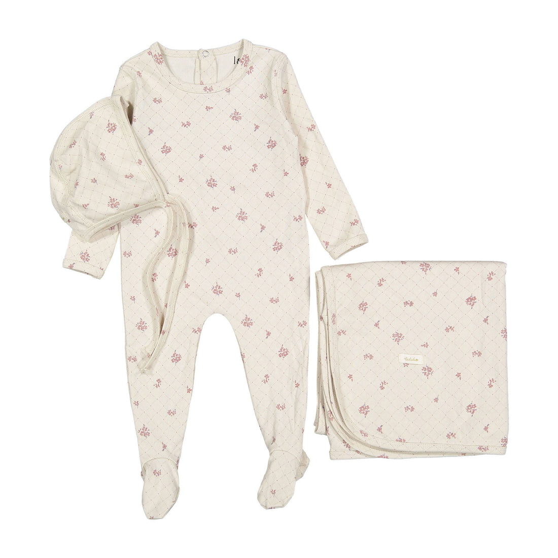Ladida Layette Rose Grid Romper + Bonnet + Blanket