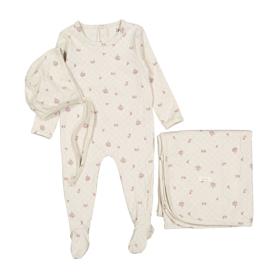 Ladida Layette Rose Grid Romper + Bonnet + Blanket