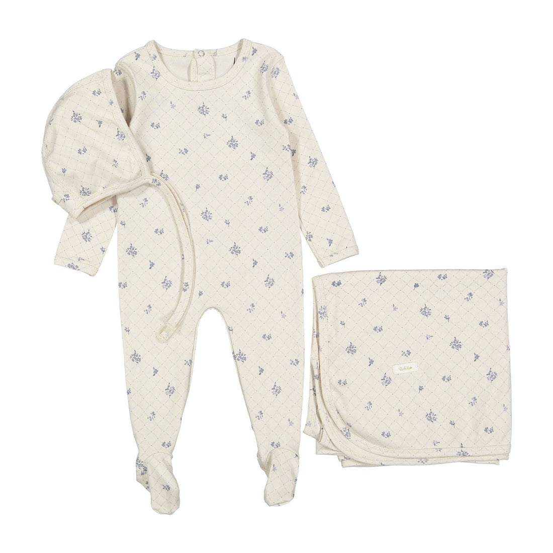 Ladida Layette Slate Grid Romper + Bonnet + Blanket