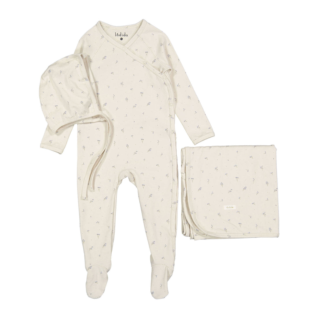 Ladida Layette Blue Tiny Bud Romper + Bonnet + Blanket