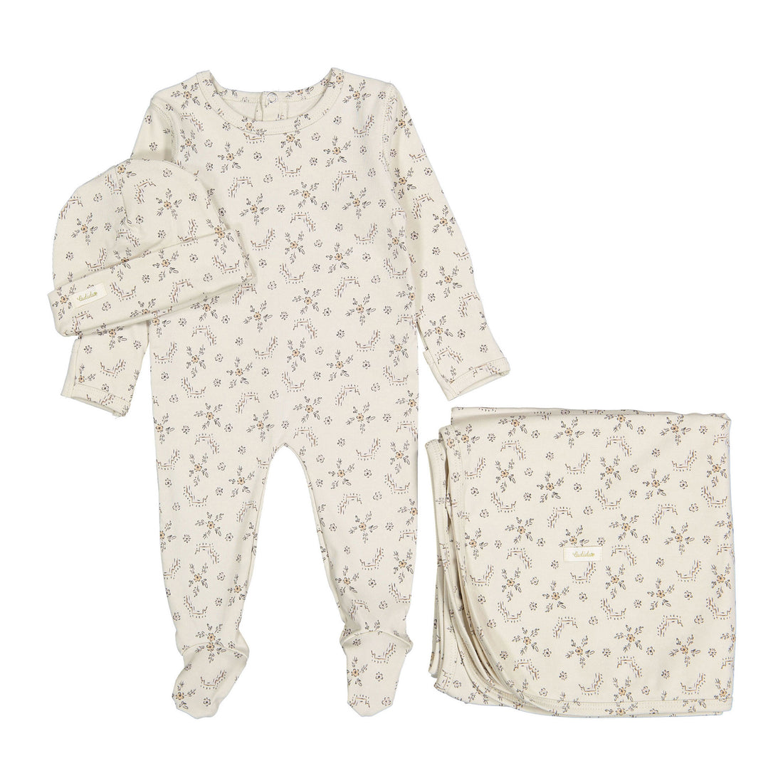 Ladida Layette Sketched Floral Romper + Hat + Blanket