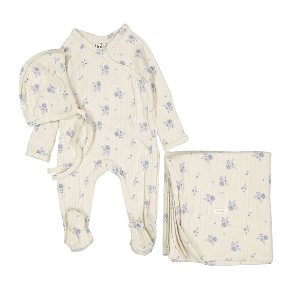 Ladida Layette Blue Watercolor Romper + Bonnet + Blanket