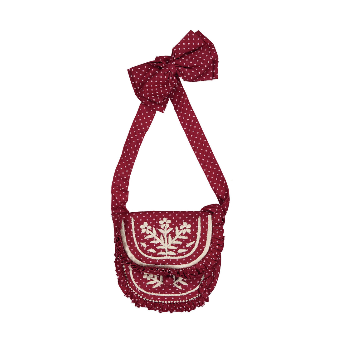 Bonjour Red Wine Dot Print Set Embroidered Bag + Hair Clip
