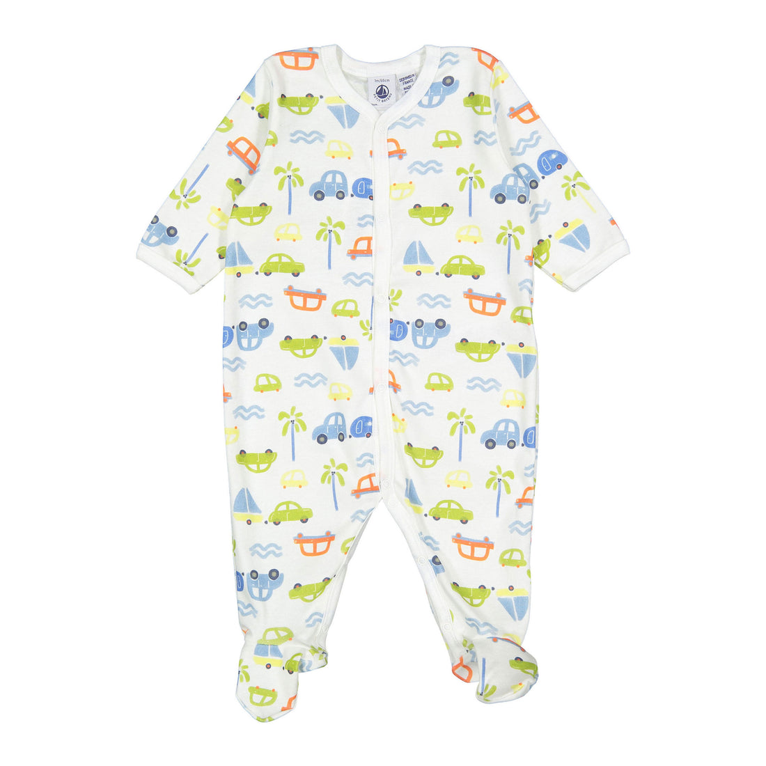 Petit Bateau White Multi Car Front Snap Footie