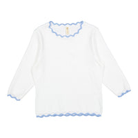 Ava and Lu White/ Blue Scallop Trim Sweater