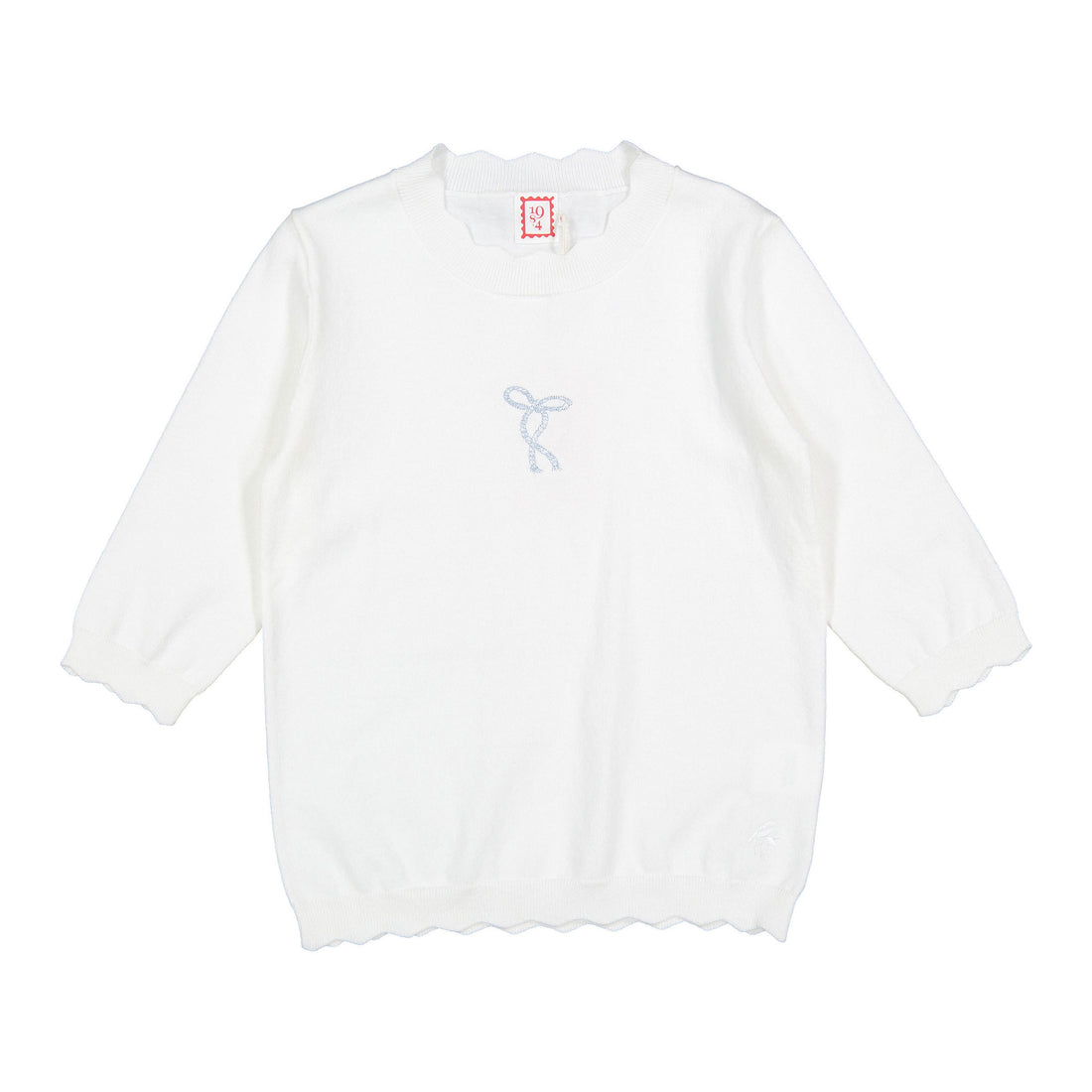 1984 White Scalloped Bow Embroidered3/4 Sleeve Sweater