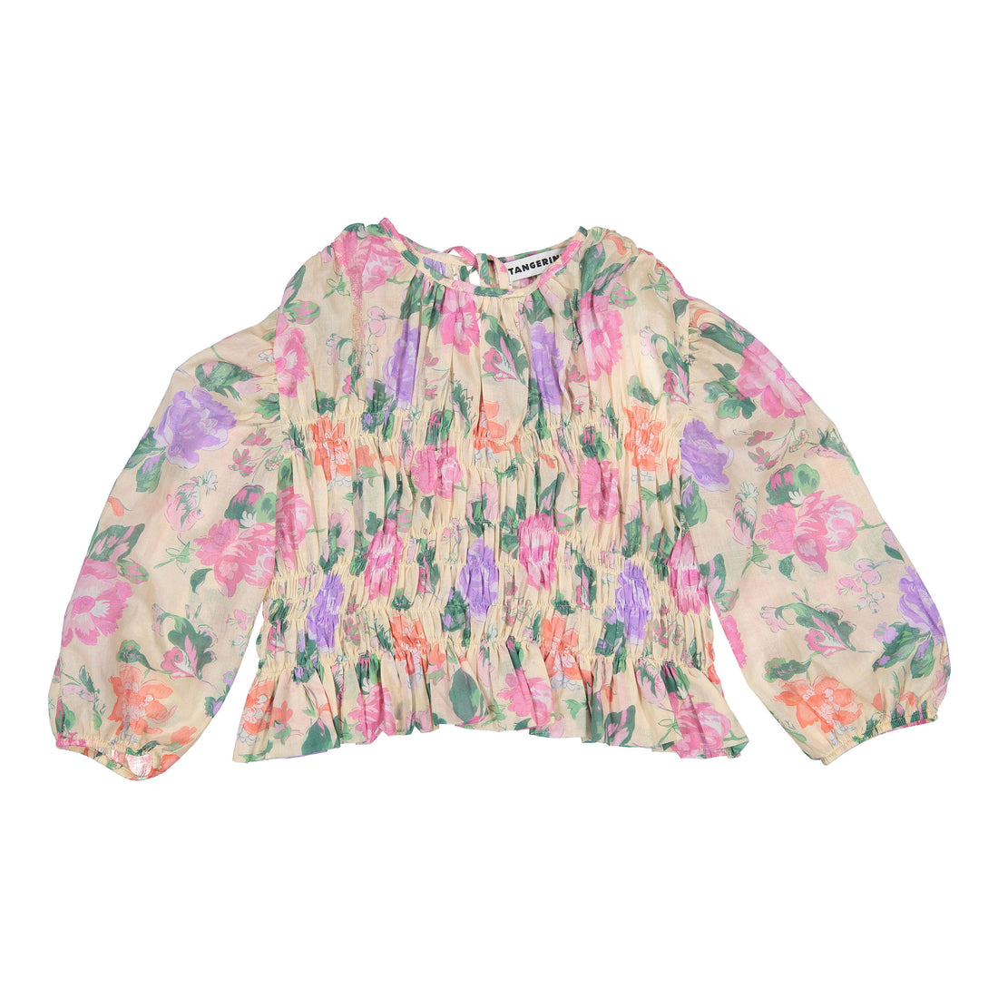 Tangerine Tan Flower Motif Smocked Sleeve Blouse