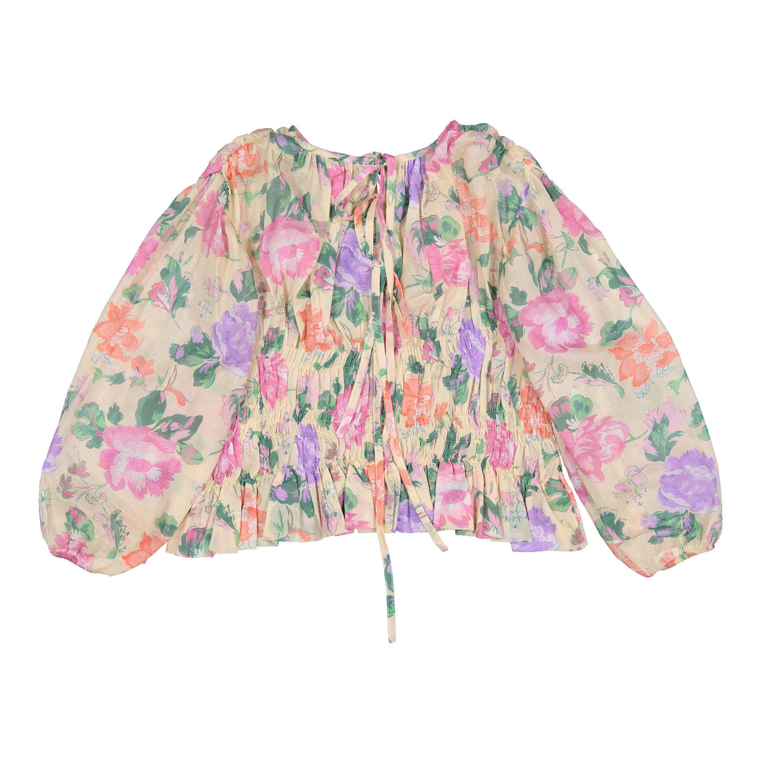 Tangerine Tan Flower Motif Smocked Sleeve Blouse