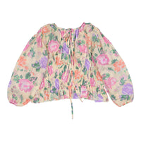Tangerine Tan Flower Motif Smocked Sleeve Blouse