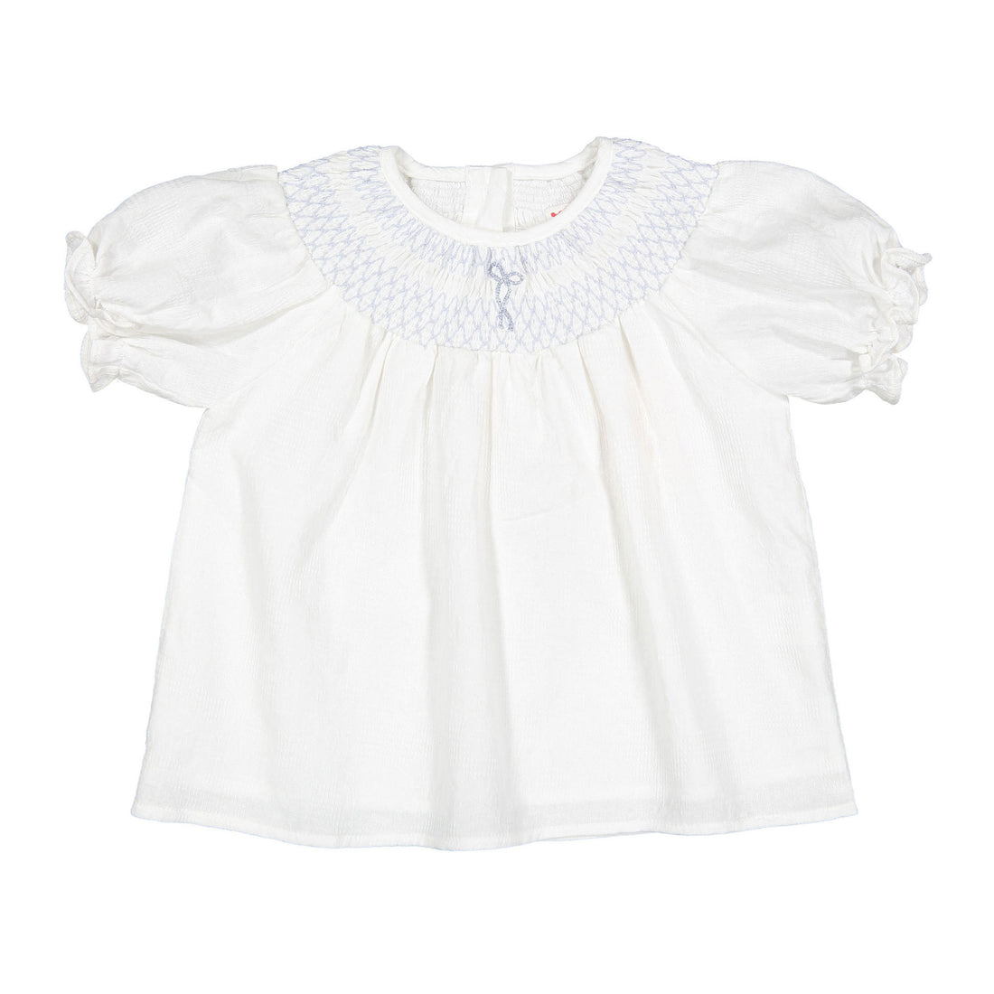 1984 White Embroidered Smocked Short  Sleeve Blouse