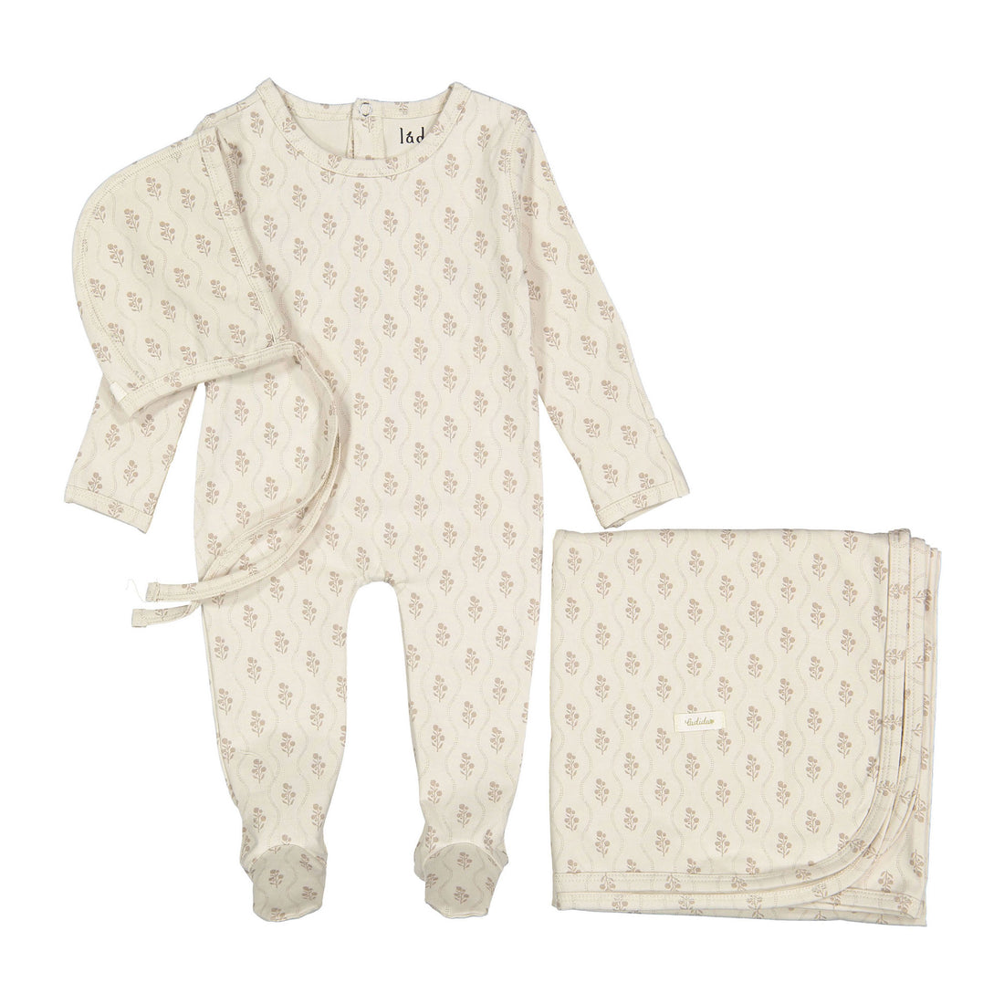 Ladida Layette Taupe Tapestry Romper + Bonnet + Blanket