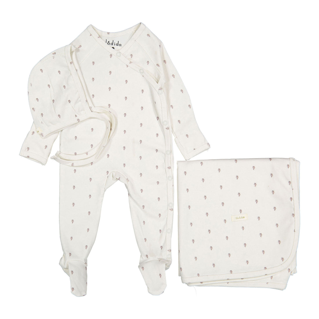 Ladida Layette Green Tiny Rose Romper + Bonnet + Blanket