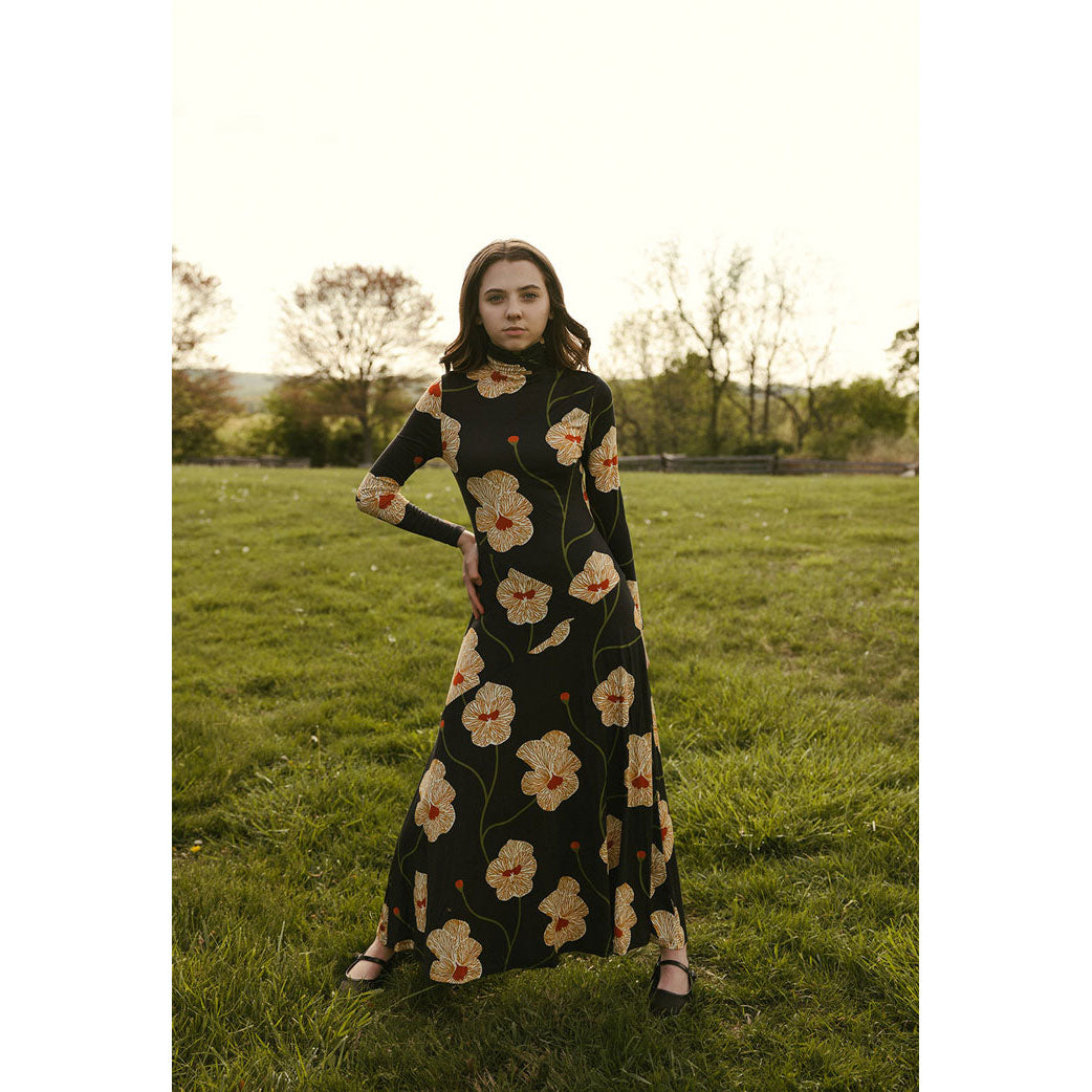 Ava and Lu Black Large Flowers Turtleneck Dress