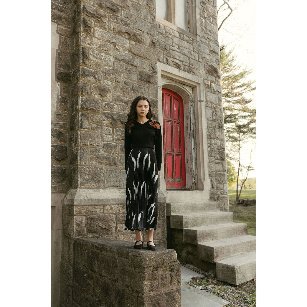 Ava and Lu Black Birds Pleated Skirt