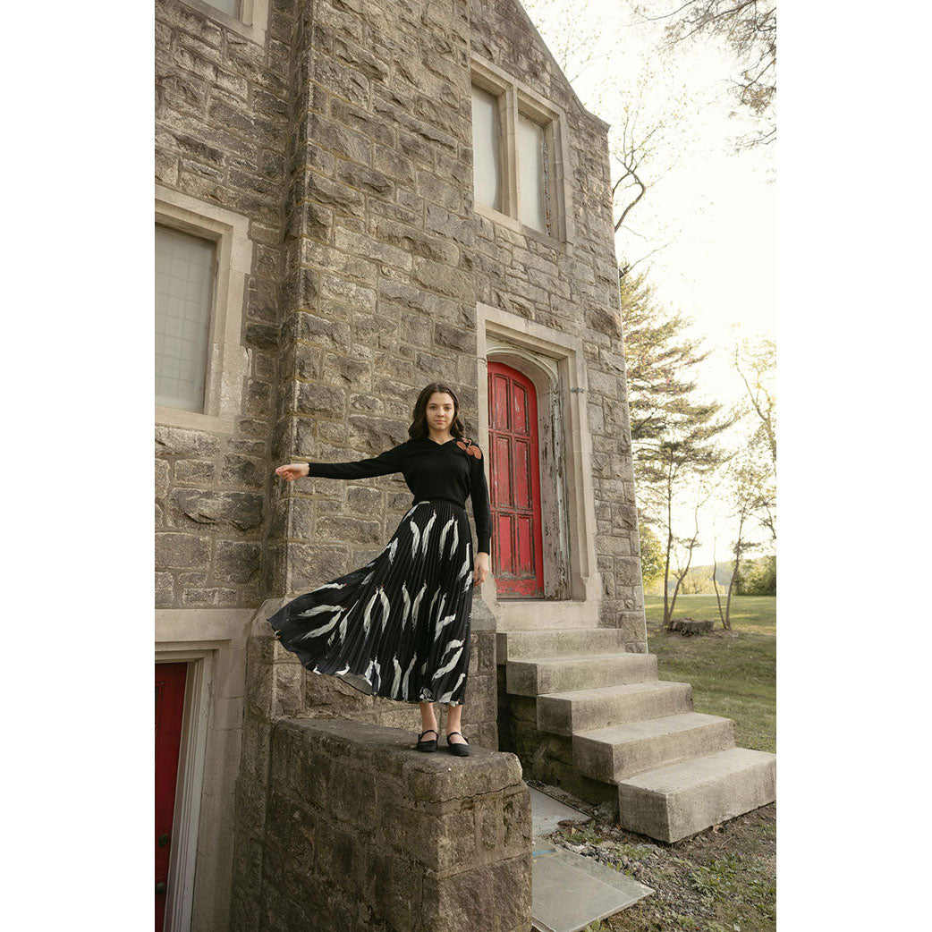 Ava and Lu Black Birds Pleated Skirt