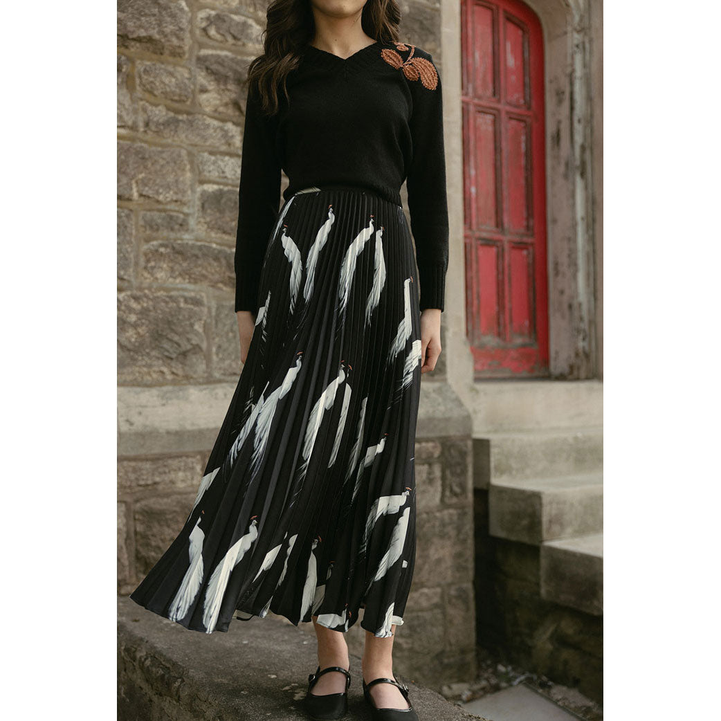 Ava and Lu Black Birds Pleated Skirt