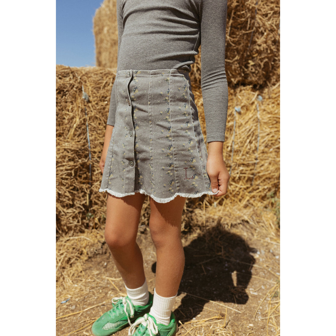 L by Ladida Grey Floral Denim Skirt