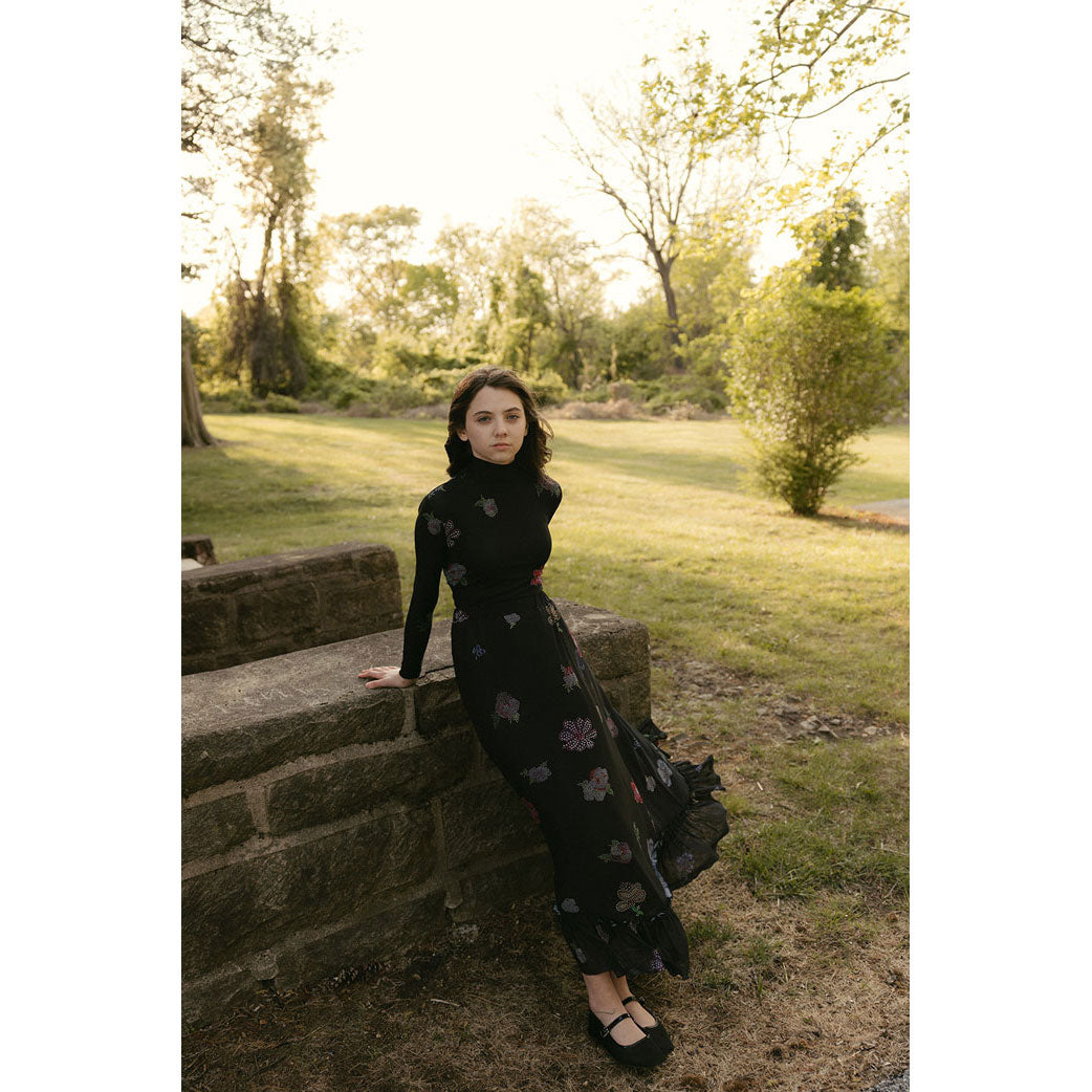 Ava and Lu Black Flower Studded Turtleneck
