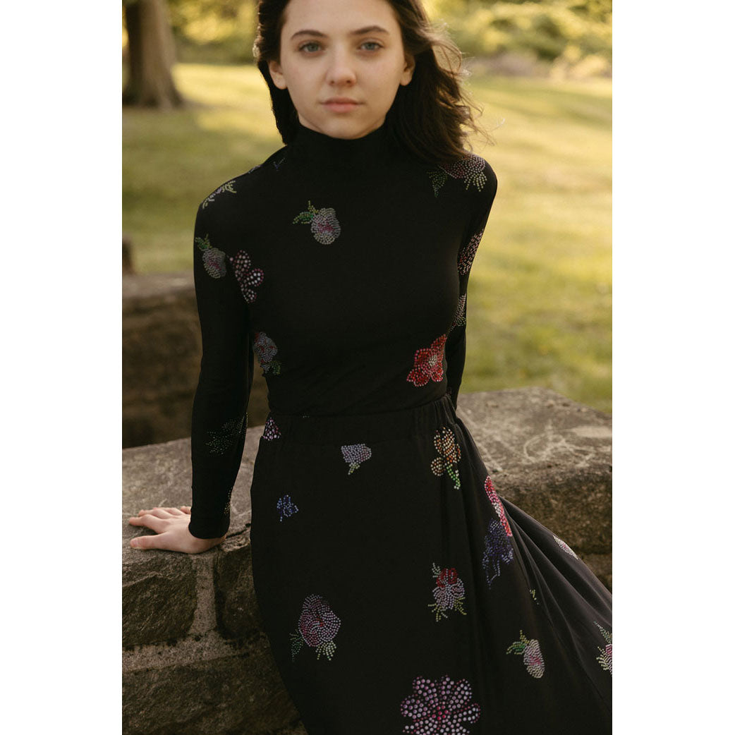 Ava and Lu Black Flower Studded Turtleneck
