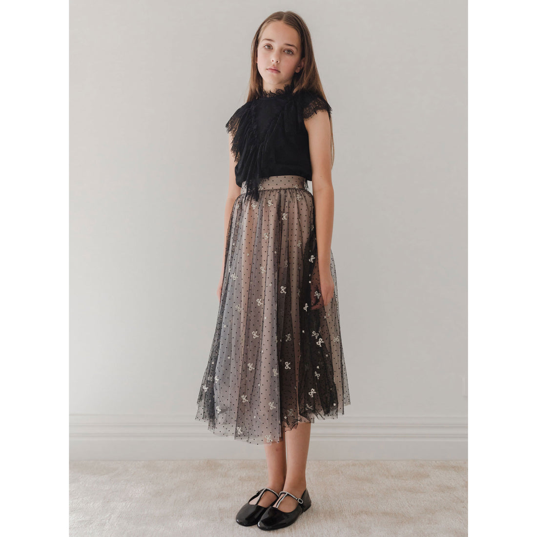 Petite Amalie Black/Pink Embroidered Bow Tulle Skirt