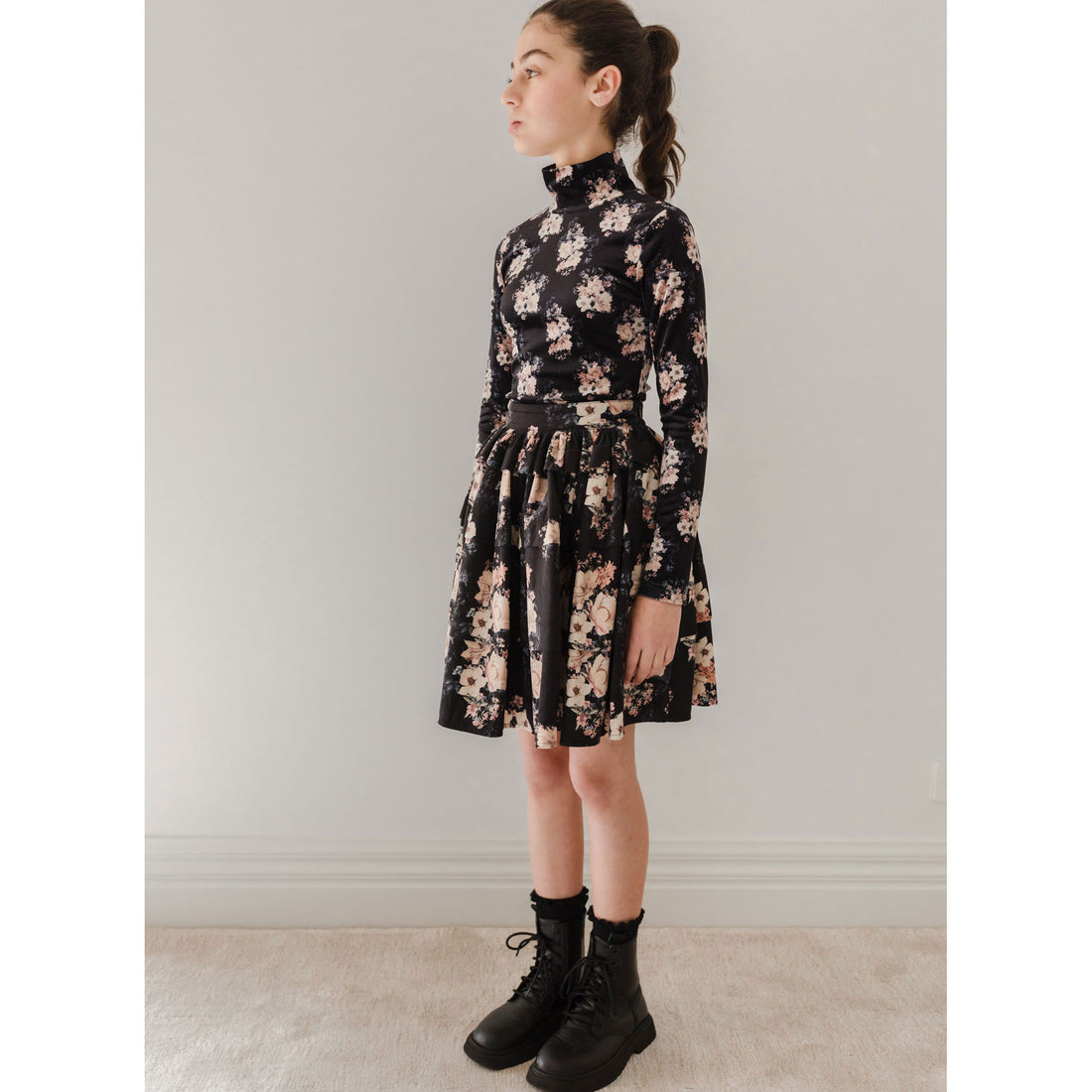 Petite Pink Black Bouquet Print Cord Skirt