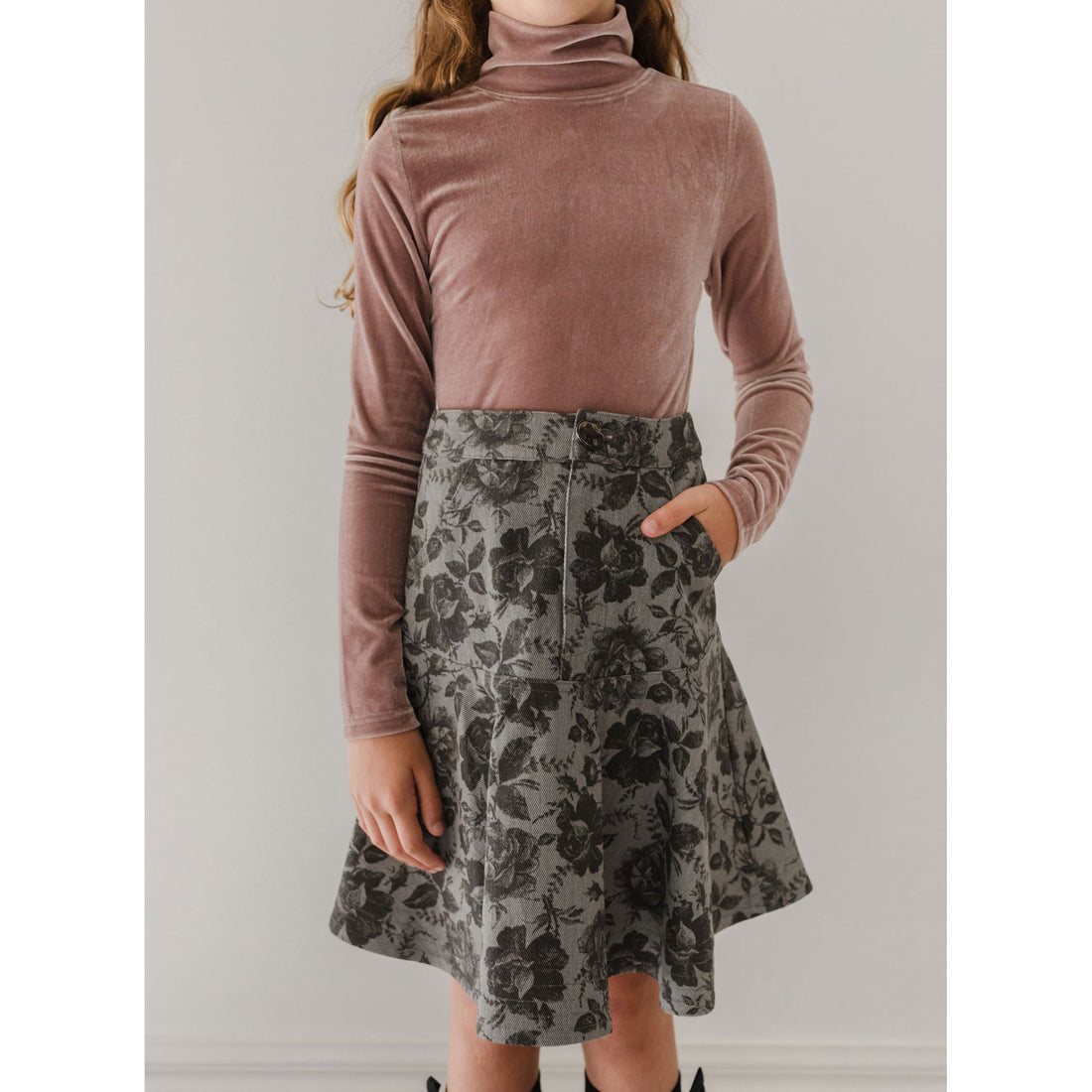 Petite Pink Black Rose Printed Denim Skirt