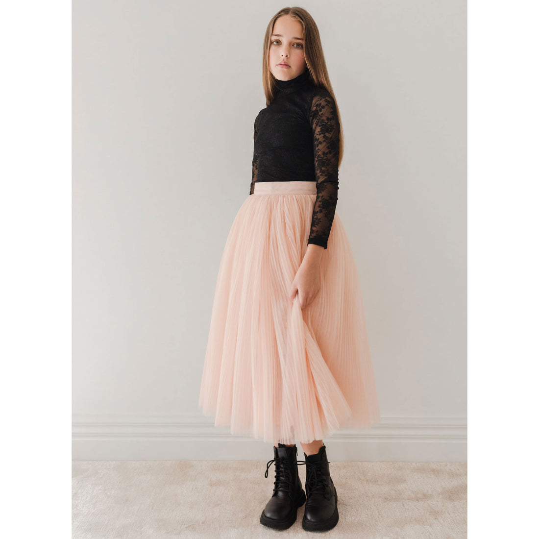 Petite Gold Antique Rose Pleated Tulle Full Skirt
