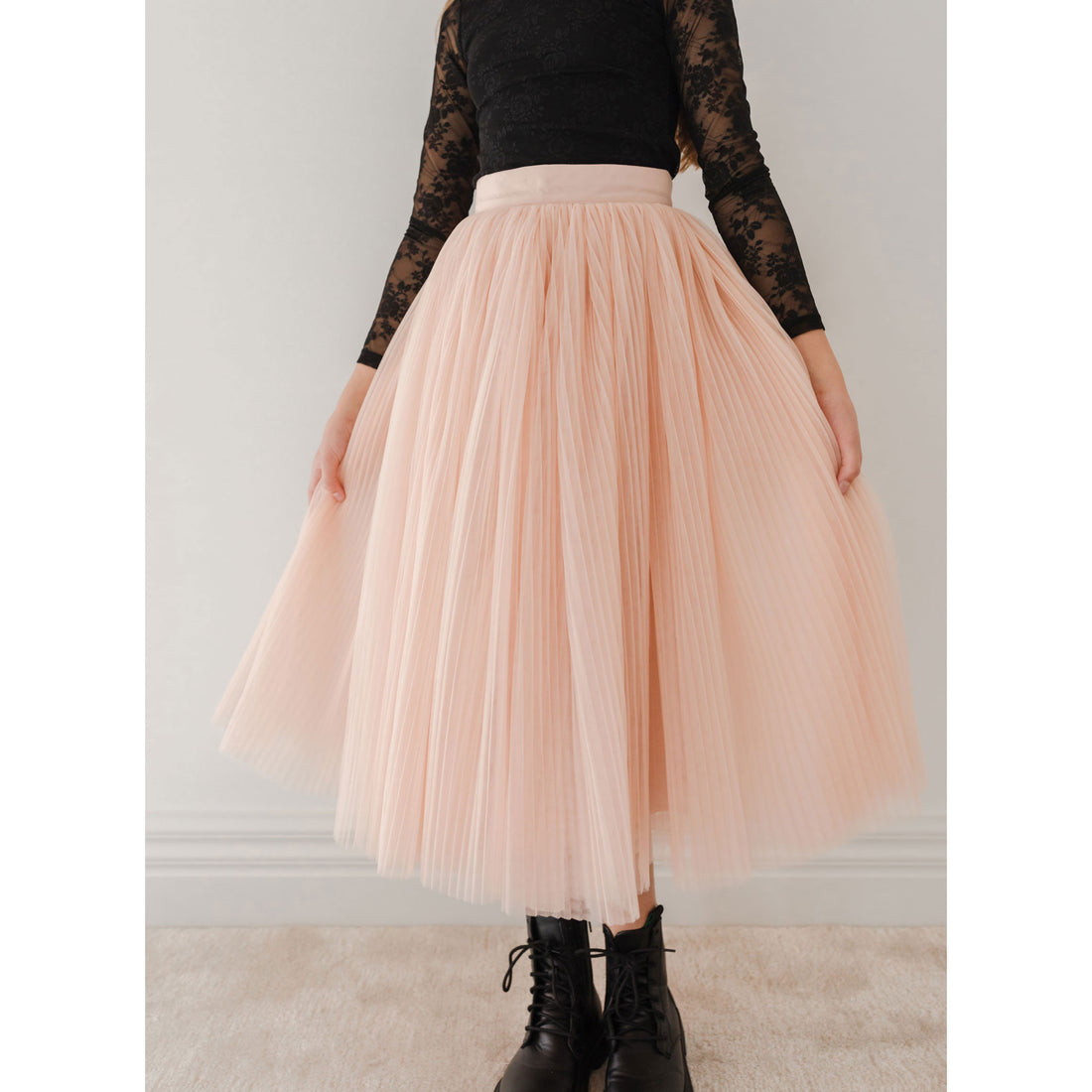 Petite Gold Antique Rose Pleated Tulle Full Skirt